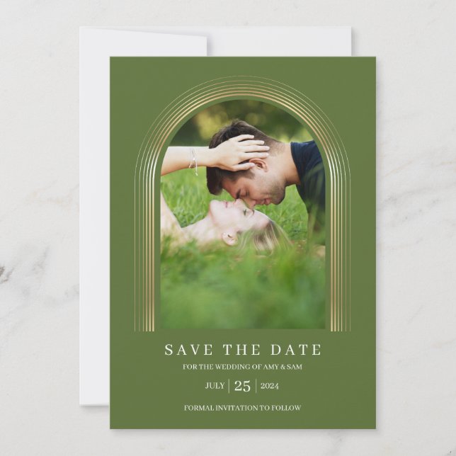 Photo Frame Personalised Olive Green Gold Elegant Save The Date (Front)