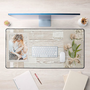 Photo Frame & Ribbon Wrapped Flowers on White Wood Desk Mat