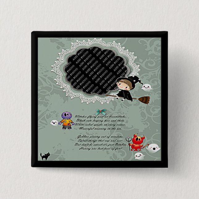 Photo Frame with Witch, Monsters, Ghost, Cat 15 Cm Square Badge (Front)