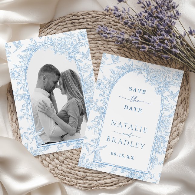 Photo French Blue Floral Wedding Save the Date Invitation (French Blue Floral Photo Save the Date Card)