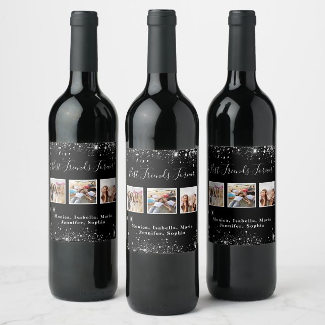 Photo friends forever black silver glitter dust wine label (Bottles)