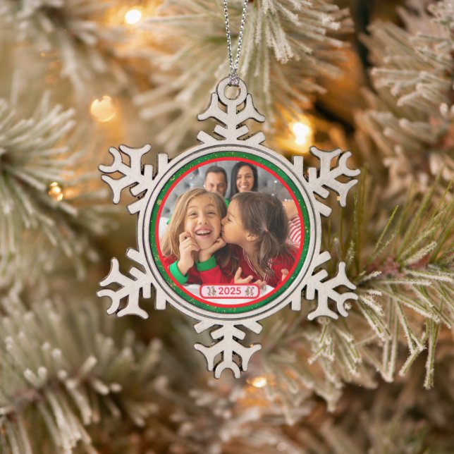 Photo Fun Stomping Reindeers  Snowflake Pewter Christmas Ornament (Tree)