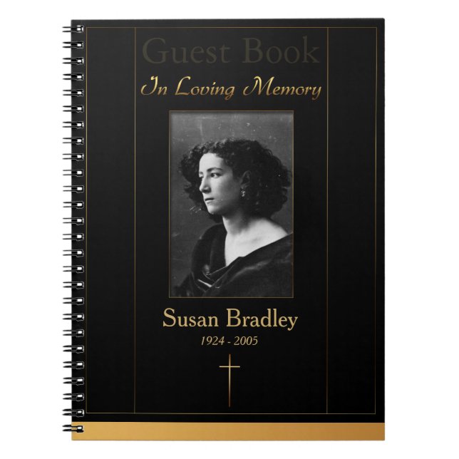 Photo Funeral Guest Book with gold piping + Cross (Front)