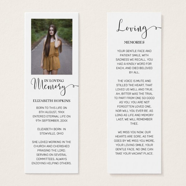 Photo Funeral Memorial Bookmark Card (Front & Back)