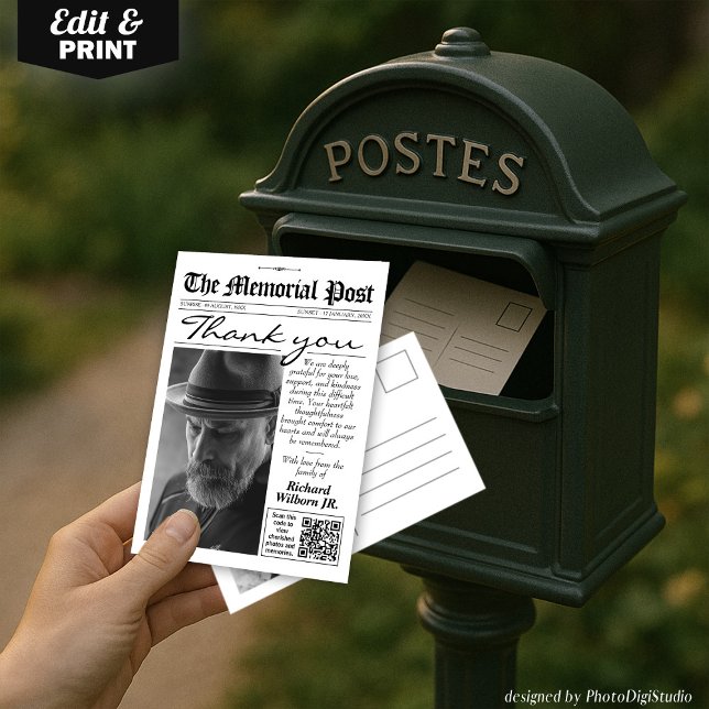Photo Funeral Newspaper Memorial Thank You Card (Photo Funeral Newspaper Memorial Thank You )