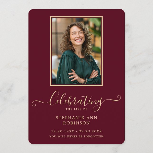 Photo Funeral Order of Service Burgundy Gold Program (Front)