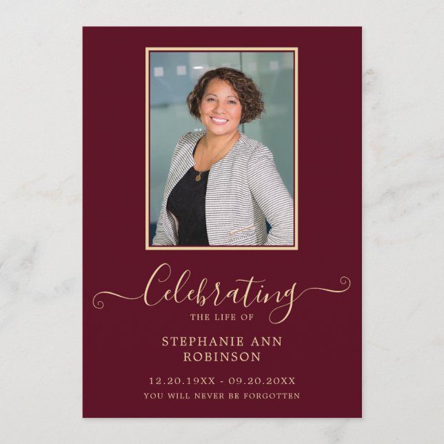 Photo Funeral Order of Service Burgundy Gold Program (Front)