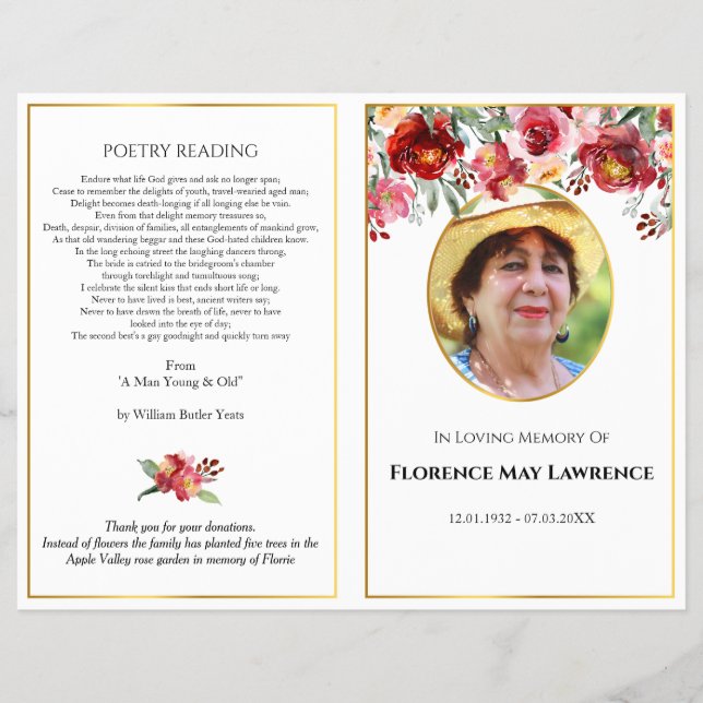 Photo Funeral Program, red and pink rose garland Flyer (Front)