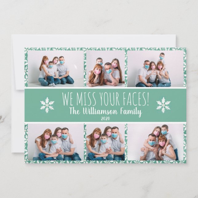 Photo Funny Miss Your Faces Green Snowflake Covid Holiday Card (Front)