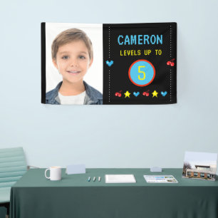 Photo Gamer Pixel Arcade level up 5th birthday Banner