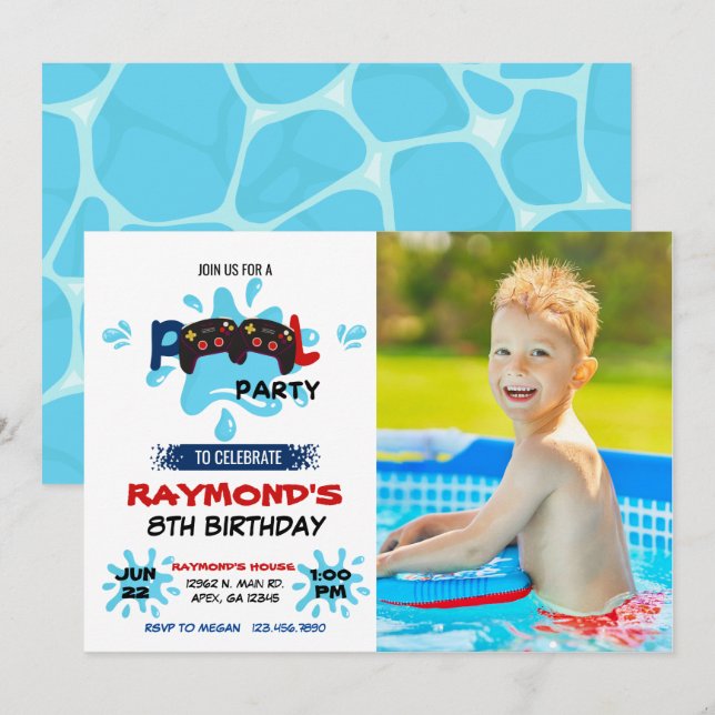 Photo Gamer Pool Party Birthday  Invitation (Front/Back)