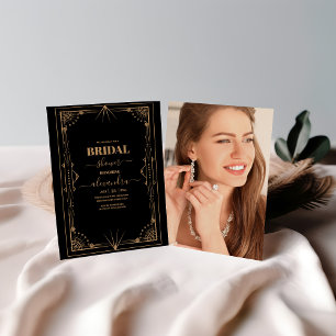 Photo Geometric Black Gold Gatsby Bridal Shower Invitation