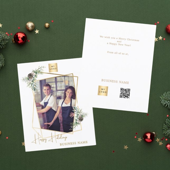 Photo geometric gold QR business Christmas card (Creator Uploaded)
