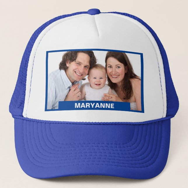 Photo Gift For Dads Add Name Text Blue Trucker Hat (Front)