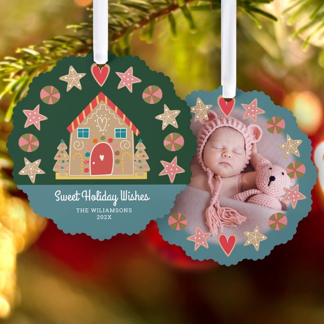 Photo Gingerbread Sweet Holiday Wishes Green Blue Tree Decoration Card (Creator Uploaded)