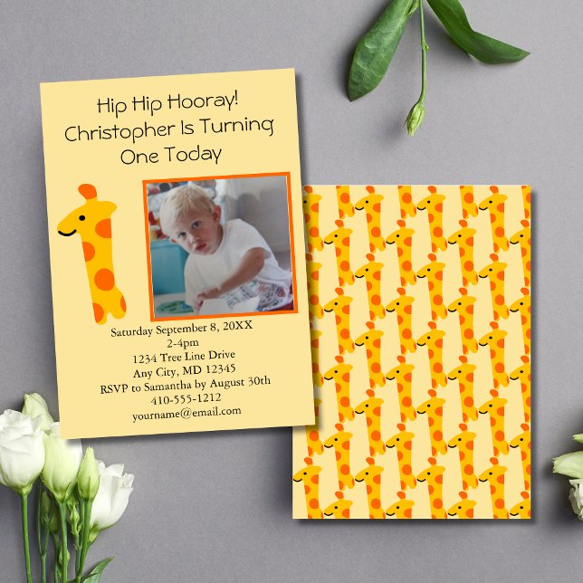 Photo Giraffe Orange and Yellow 1st Birthday  Invitation (Photo Giraffe 1st Birthday Invitation, Yellow Orange, Printed or Digital Download)