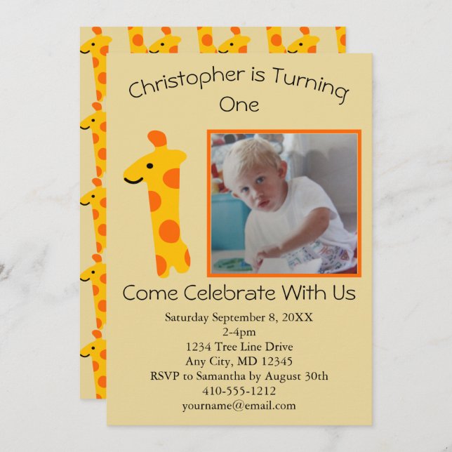 Photo Giraffe Orange and Yellow 1st Birthday  Invitation (Front/Back)