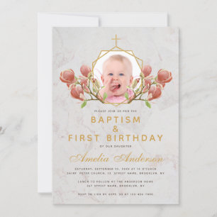 Photo Girl Baptism Pink Magnolia First Birthday Invitation