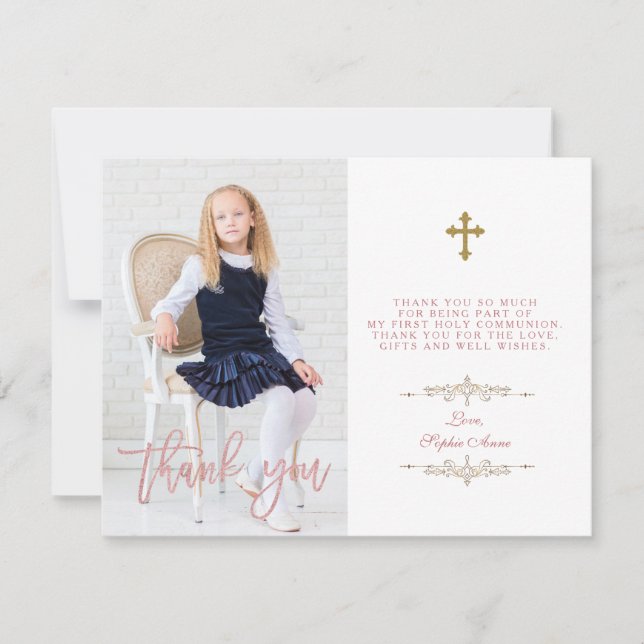 Photo Girl Cross First Holy Communion Rose Gold Thank You Card (Front)