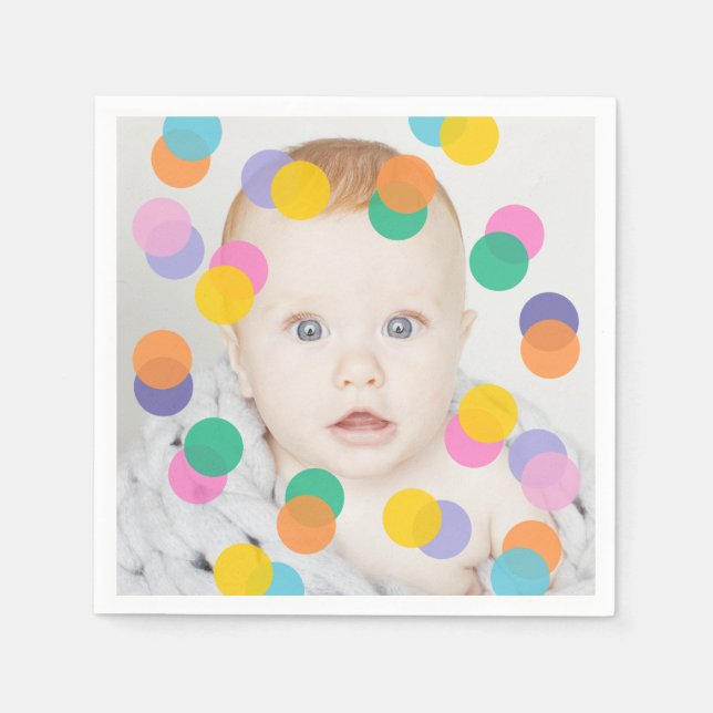 Photo Girl First Birthday Colourful Confetti Napkin (Front)