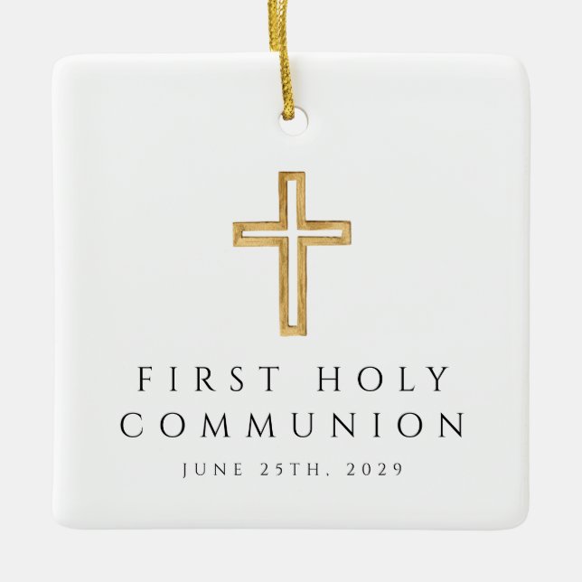 Photo Girl Religious Cross First Communion Ceramic Ornament (Front)