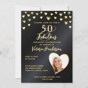 Photo Glam Black & Gold 50 and Fabulous Birthday Invitation