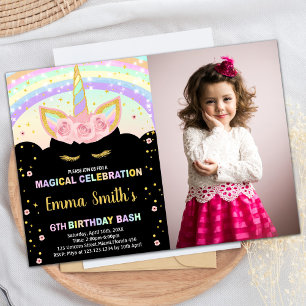 Photo Glitter Black Unicorn Birthday Invitations