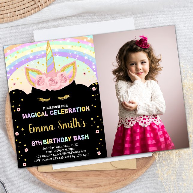 Photo Glitter Black Unicorn Birthday Invitations (Photo Glitter Black Unicorn Birthday Invitations)