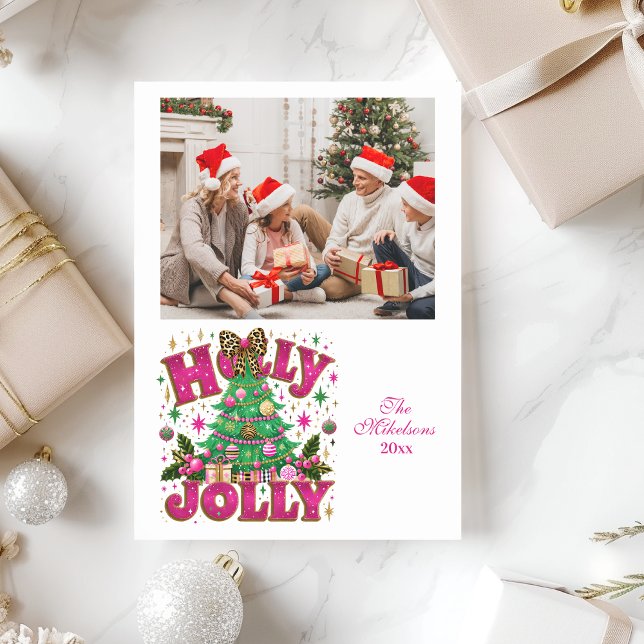 Photo Glitter Leopard Bow Holly Jolly Holiday Card (Creator Uploaded)