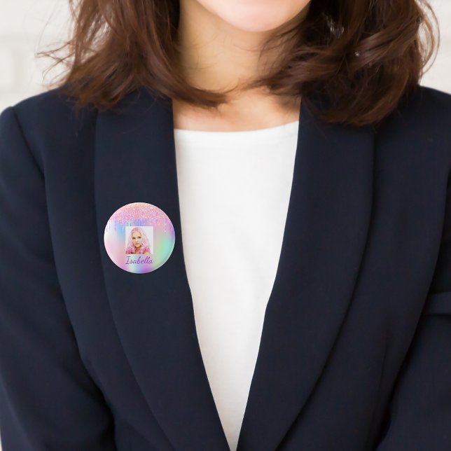 Photo glitter rainbow pink button name tag (Creator Uploaded)