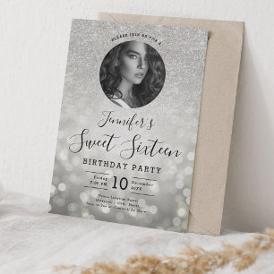 PHOTO Glitter Silver Bokeh Lights Sweet 16  Invitation
