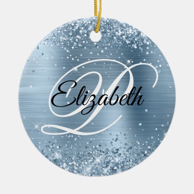 Photo Glittery Light Blue Foil Fancy Monogram Ceramic Ornament (Front)