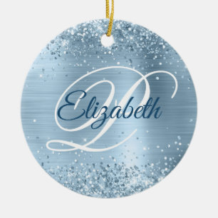 Photo Glittery Pale Blue Foil Fancy Monogram Ceramic Ornament