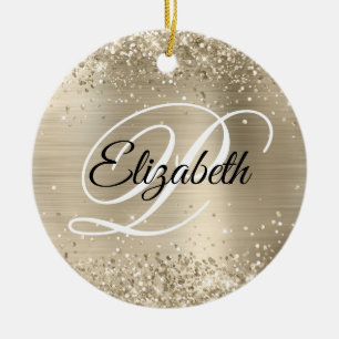 Photo Glittery Pale Gold Foil Fancy Monogram Ceramic Ornament