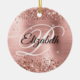 Photo Glittery Rose Gold Foil Fancy Monogram Ceramic Ornament