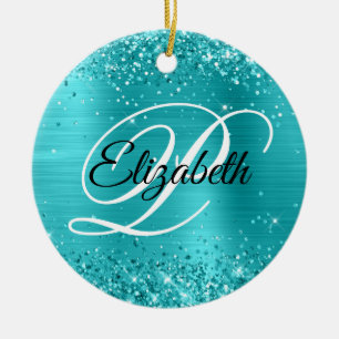 Photo Glittery Turquoise Blue Foil Fancy Monogram Ceramic Ornament
