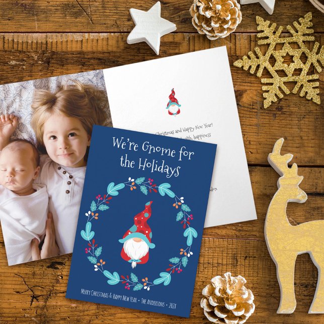 Photo Gnome for Holidays Cute Fun Elf Wreath Blue Card (Creator Uploaded)