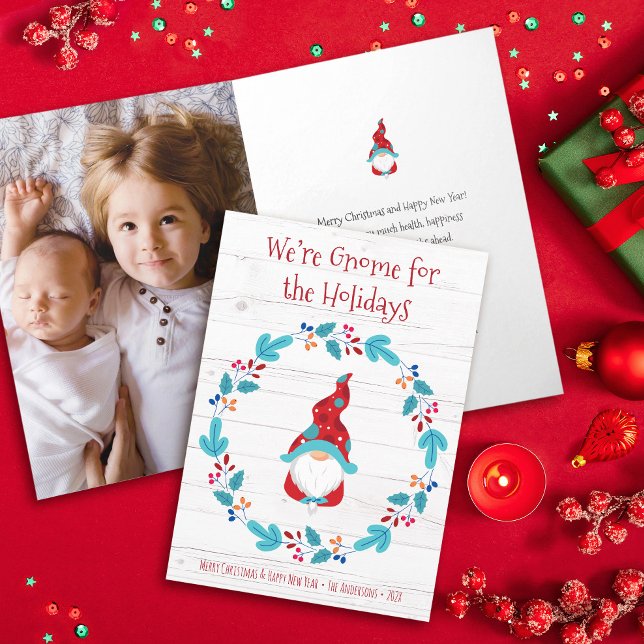 Photo Gnome for Holidays Cute Fun Rustic Wreath Card (Creator Uploaded)