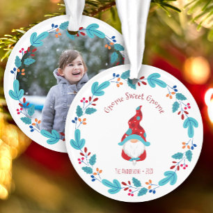 Photo Gnome Sweet Gnome Cute Elf Floral Wreath Ornament