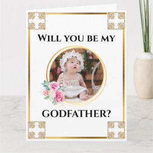 Photo godfather gold cross floral bouquet chic card