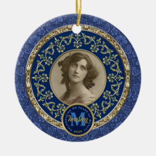 Photo Gold Classic Damask Commemorative Dark Blue Ceramic Ornament