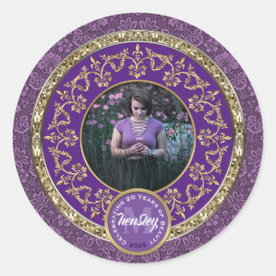 Photo Gold Classic Damask Commemorative Purple Classic Round Sticker
