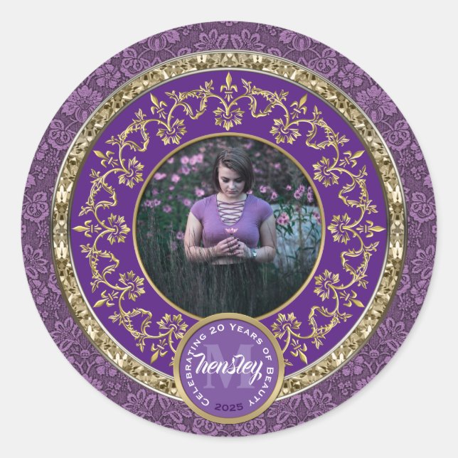 Photo Gold Classic Damask Commemorative Purple Round Sticker (Front)
