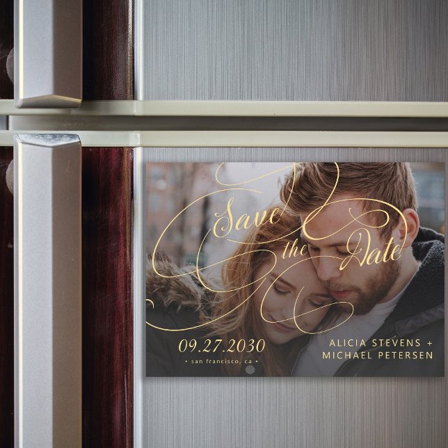 Photo gold classic script wedding save the date magnetic invitation (Creator Uploaded)