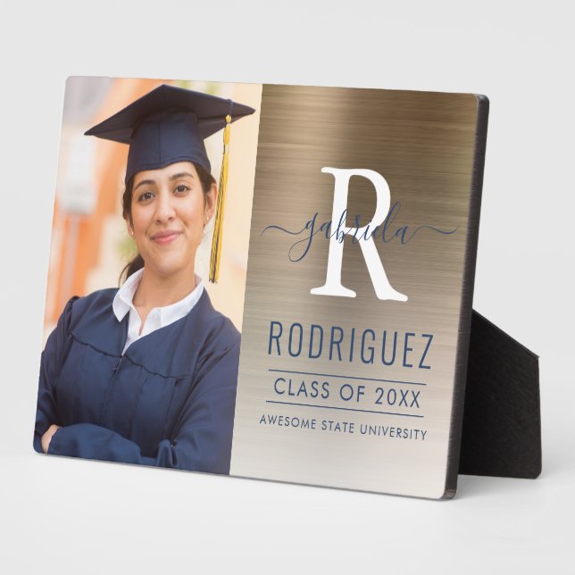 Photo Gold Dark Blue Metallic Graduation Keepsake Plaque (Side)