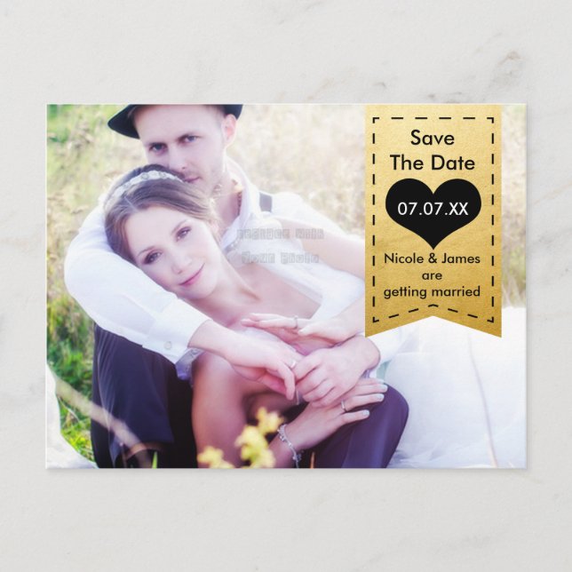 PHOTO Gold Foil & Black SAVE THE DATE Postcard (Front)