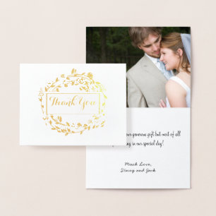 Photo Gold Foil Floral Wreath Wedding Thank You Card