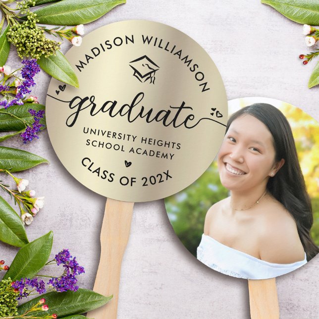 Photo Gold Foil Graduation Black Script Hearts Cap Hand Fan (Creator Uploaded)