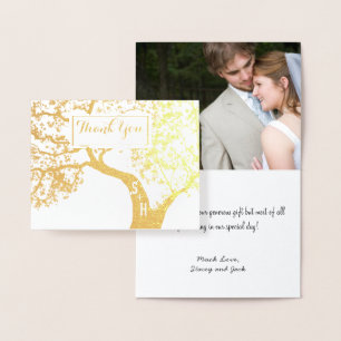 Photo Gold Foil Initials Tree Wedding Thank You Card