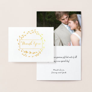 Photo Gold Foil Leaf Wreath Wedding Thank You Card